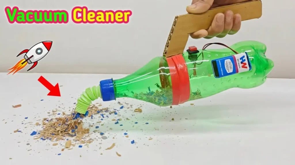 ساخت جاروبرقی دستی با بطری پلاستیکی، کاردستی جاروبرقی با وسایل بازیافتی، جاروبرقی DIY با بطری نوشابه و باتری، ایده خلاقانه بازیافت پلاستیک.