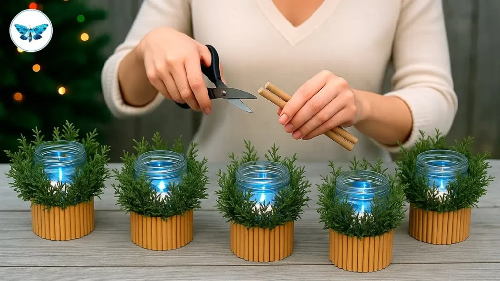 مراحل برش زدن چوب‌های تزیینی برای ساخت جاشمعی با شیشه مربا و تزیین نهایی با برگ سبز کاج.