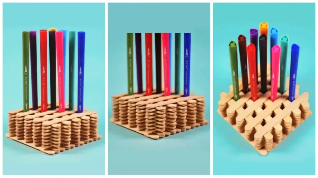 مراحل ساخت جامدادی رومیزی مشبک و چوبی با استفاده از چوب بستنی و چسب روی زمینه آبی