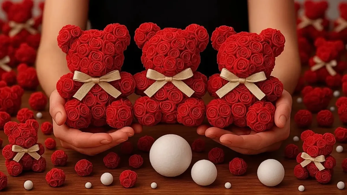 سه عدد خرس عروسکی قرمز ساخته شده با گل رز کاغذی و توپکهای فومی به همراه روبان کرم رنگ