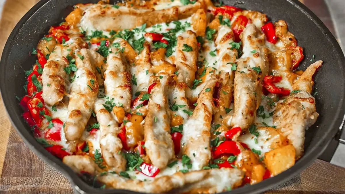 ماهیتابه حاوی تکههای فیله مرغ سرخ شده و سیب زمینی نگینی با سس گوجه فرنگی، فلفل کاپیا قرمز و تزیین جعفری خرد شده