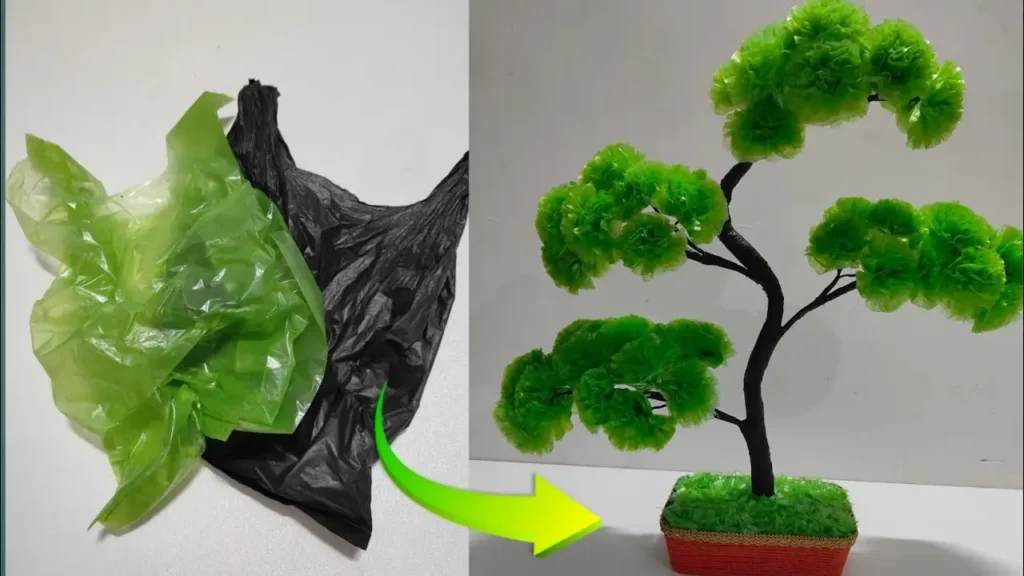 تبدیل کیسه‌های پلاستیکی سبز و مشکی دورریختنی به یک گلدان بونسای تزیینی زیبا با تنه سیمی