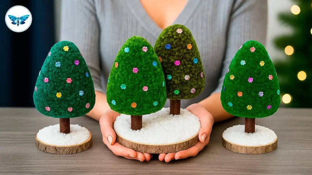 چهار درخت کاج تزئینی مینیاتوری سبز رنگ با بدنه کرکی و گل‌های پولکی رنگارنگ روی پایه‌های چوبی برفی.