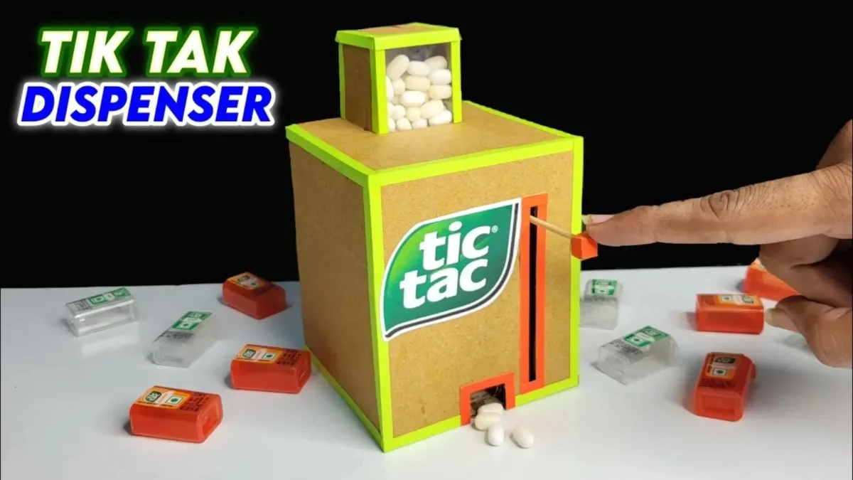 کاردستی دستگاه فروش خودکار تیک تاک با مقوا، نحوه ساخت دیسپنسر آبنبات و قرص نعنا با کارتن و اهرم دستی