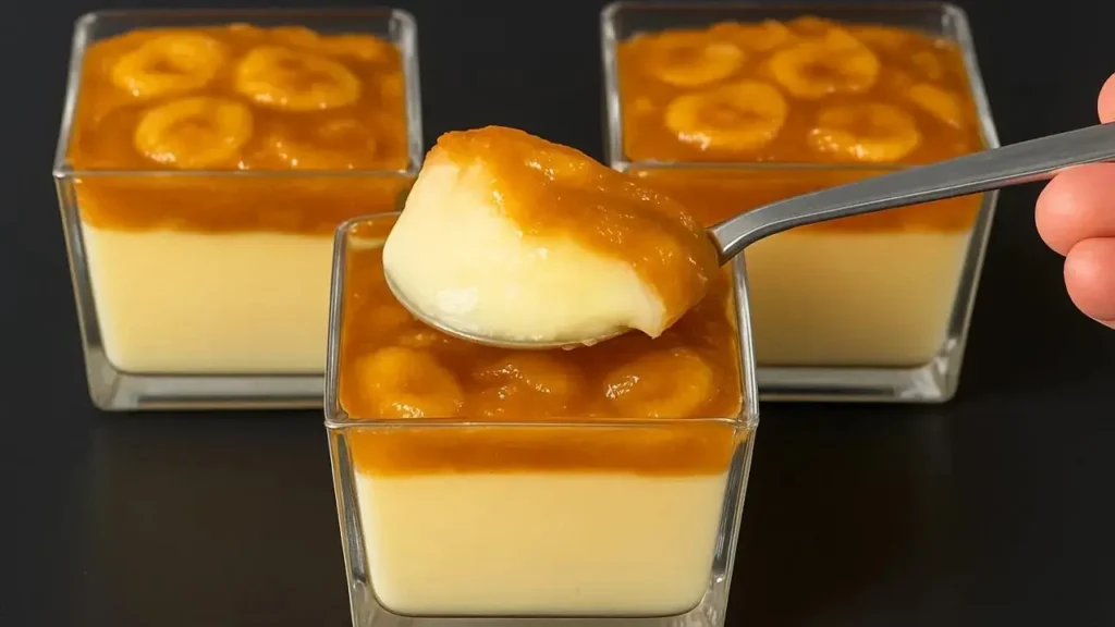 دسر لیوانی موز و کارامل با لایه پودینگ شیری و روکش کاراملی براق به همراه قاشق