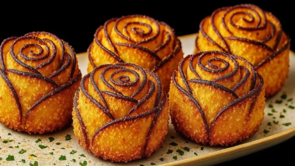 رولت‌های بادمجان سوخاری به شکل گل رز با لبه‌های برشته و مغز پنیر و بیکن چیده شده در بشقاب