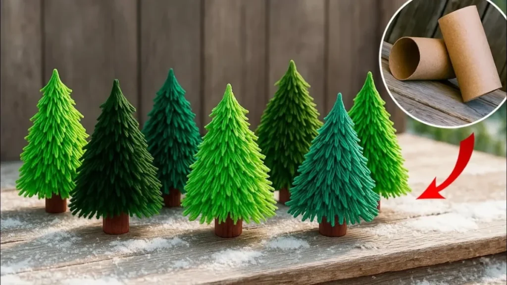 مجموعه درختهای کاج مینیاتوری سبز ساخته شده با کاغذ کرپ و رول دستمال کاغذی روی میز چوبی