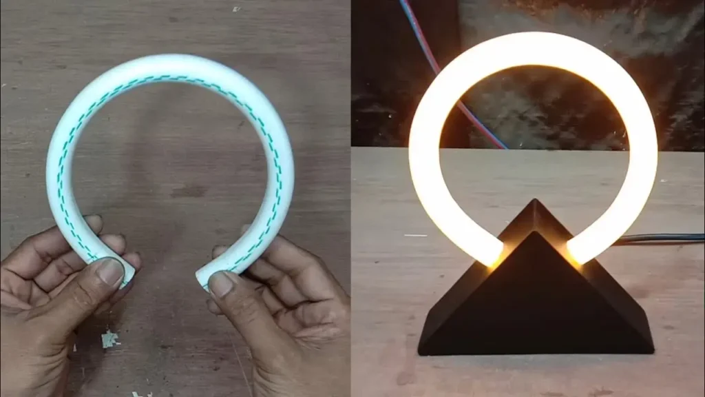 مراحل خم کردن لوله پی‌وی‌سی سفید و تبدیل آن به چراغ رومیزی دکوری نورانی با پایه مشکی