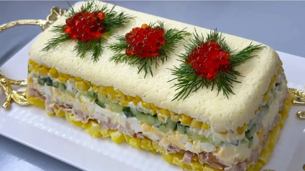 سالاد لایه ای قالبی با مرغ دودی و ذرت تزیین شده با خاویار قرمز و شوید