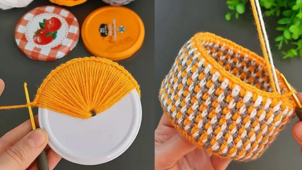 آموزش بافت سبد با درب شیشه مربا، قلاب بافی دور در فلزی، کاردستی با کاموا و دورریختنی‌ها، ساخت سبد نظم دهنده کوچک، ایده بازیافت درب شیشه، بافتنی سبد تریکو با کفی آماده، هنر دست با وسایل ساده.