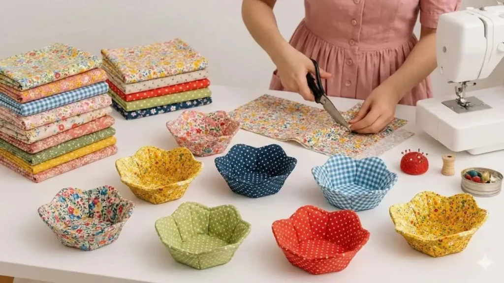 دوخت سبد پارچه‌ای گل‌دار، آموزش سبد نان پارچه‌ای، الگو دوخت باکس پارچه‌ای خیاطی، نظم‌دهنده کشو و میز آرایش، کاردستی با پارچه‌های نخی رنگی، سرویس آشپزخانه عروس، ایده‌های چهل‌تکه دوزی مدرن.