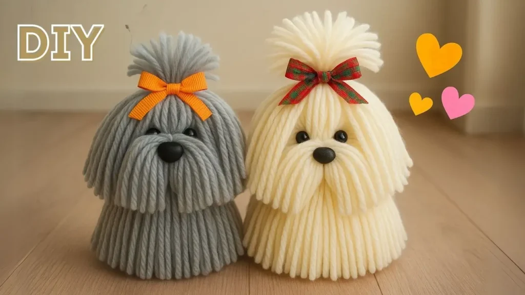 دو عروسک سگ پشمالو فانتزی ساخته شده با نخ کاموا خاکستری و کرم با پاپیون‌های رنگی روی سر.