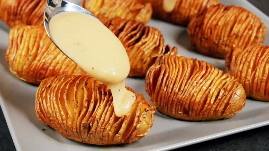 سیب‌زمینی‌های تنوری هاسل‌بک ترد و طلایی که با سس غلیظ و کرمیِ تهیه شده از آب گوشت و کره پوشانده می‌شوند.