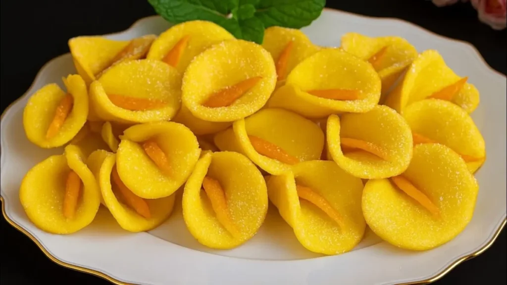 شیرینی خانگی زرد رنگ قالبی با مغز پرتقالی، چیدمان شده در بشقاب سفید با تزیین برگ نعناع