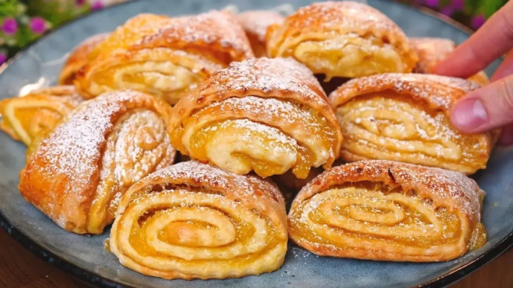 شیرینی‌های رولتی طلایی پر شده با مارمالاد پرتقال و تزیین پودر قند در بشقاب آبی