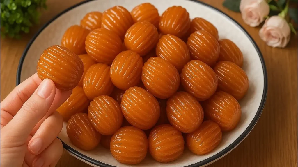 یک کاسه پر از شیرینیهای سرخشده و براق تولومبا (بامیه ترکی) با بافت شیاردار و ترد که در دست نگه داشته شده است.