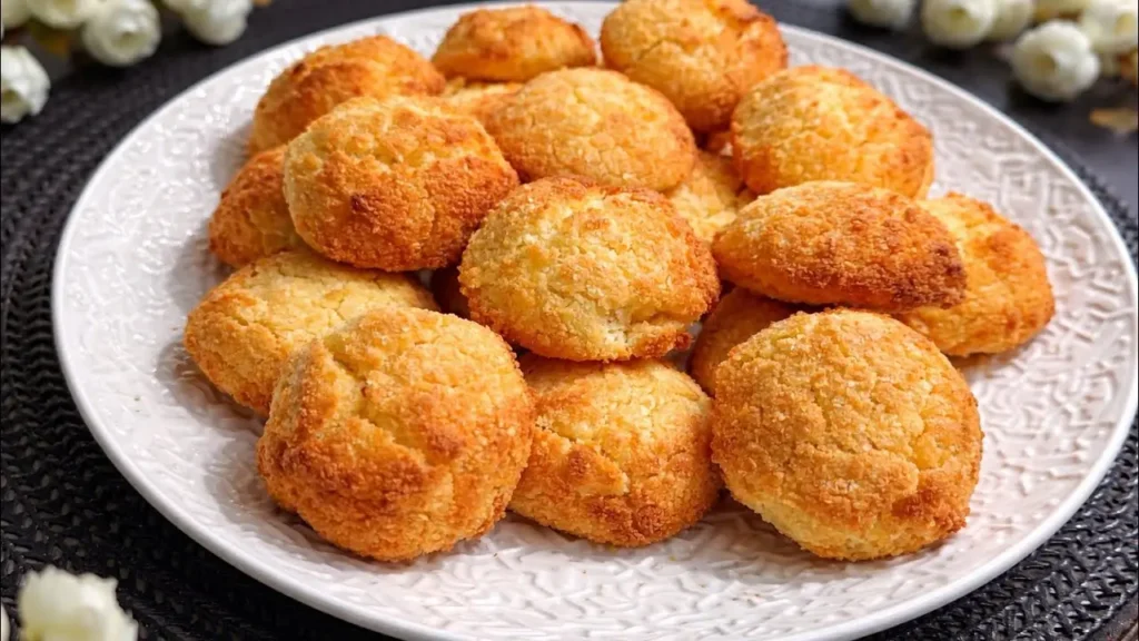 شیرینی نارگیلی خانگی طلایی و ترد در بشقاب سفید با بافت پوک و رویه برشته‌شده