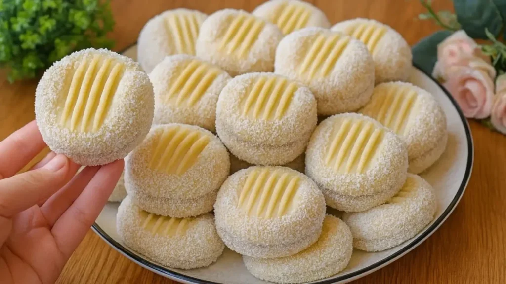 شیرینی‌های گرد و سفید پوشیده شده با پودر نارگیل، کوکی کره‌ای با طرح شیاردار زرد رنگ، شیرینی خشک مجلسی برای عید و عصرانه، بافت نرم و پودری بیسکویت خانگی.