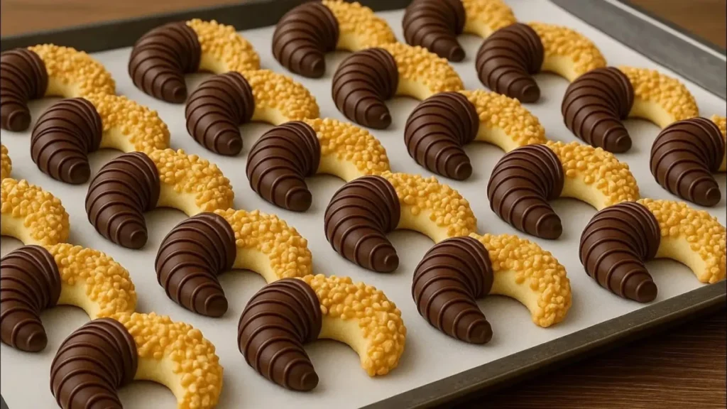 سینی پر از شیرینی هلالی خانگی با تزیین شکلات و بادام زمینی، طرز تهیه شیرینی خشک با روغن مایع و نشاسته ذرت، شیرینی عید هلالی دو رنگ.