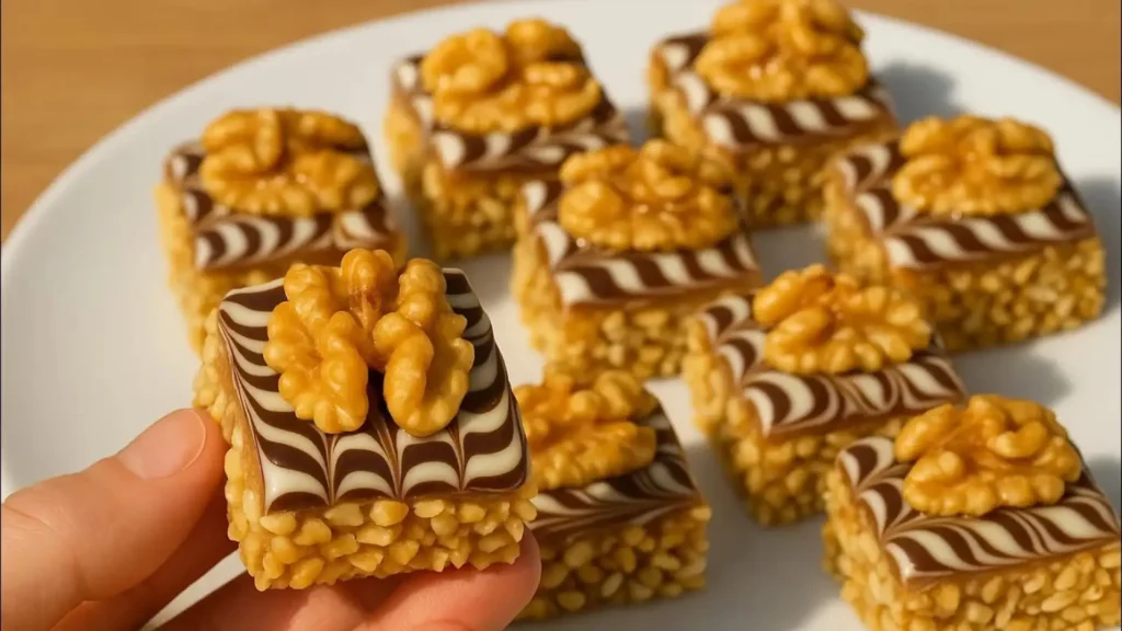 شیرینی خشک مجلسی مکعبی شکل با روکش شکلات سفید و تیره و مغز گردو