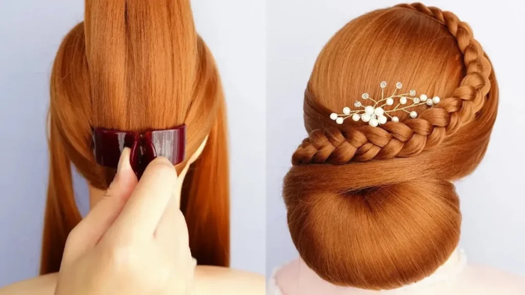 آموزش مرحله به مرحله شینیون مو با ترفند کلیپس و تزیین بافت و مروارید