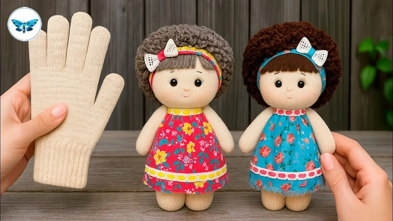 آموزش تبدیل دستکش بافتنی قدیمی به عروسکهای دخترانه بانمک با لباس گلدار و موهای کاموایی فرفری.