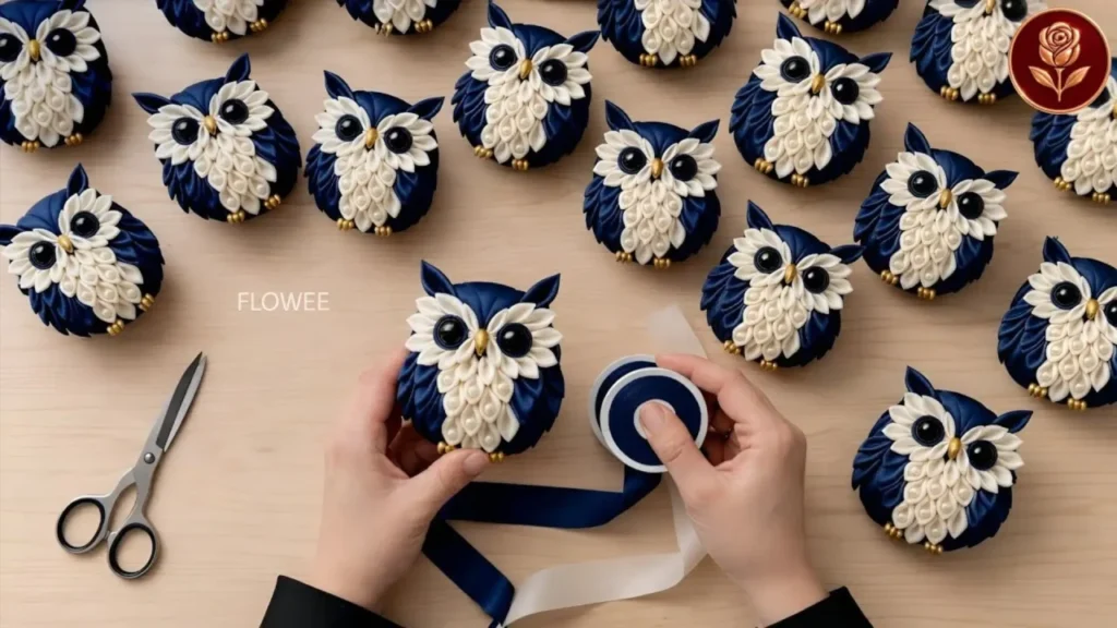 آموزش ساخت عروسک جغد تزیینی با استفاده از روبان ساتن سرمه‌ای و سفید و تکنیک تا کردن پارچه (کانزاشی) روی میز کار.