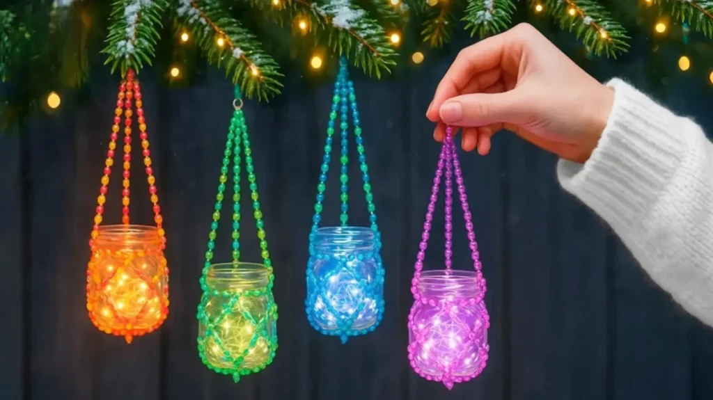 ساخت فانوس آویز با شیشه مربا و مهره، کاردستی جا شمعی آویز تزیینی، ایده تزیین باغچه و بالکن با شیشه‌های دورریختنی، فانوس‌های رنگی دست‌ساز برای کریسمس و جشن‌ها، ریسه نوری داخل شیشه تزیینی.