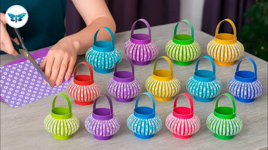 تعدادی فانوس کاغذی رنگی و فانتزی روی میز به همراه دست‌هایی که با قیچی و کاغذ طرح‌دار در حال ساخت کاردستی هستند.