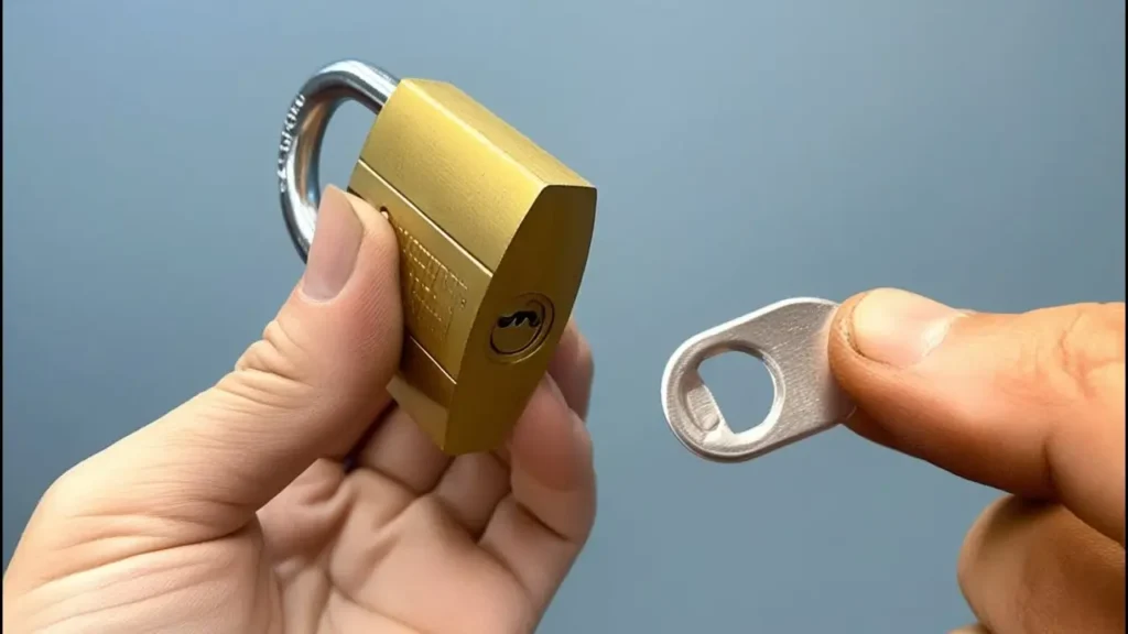 آموزش ترفند باز کردن قفل کتابی طلایی رنگ بدون کلید با استفاده از ضامن آلومینیومی قوطی نوشابه.