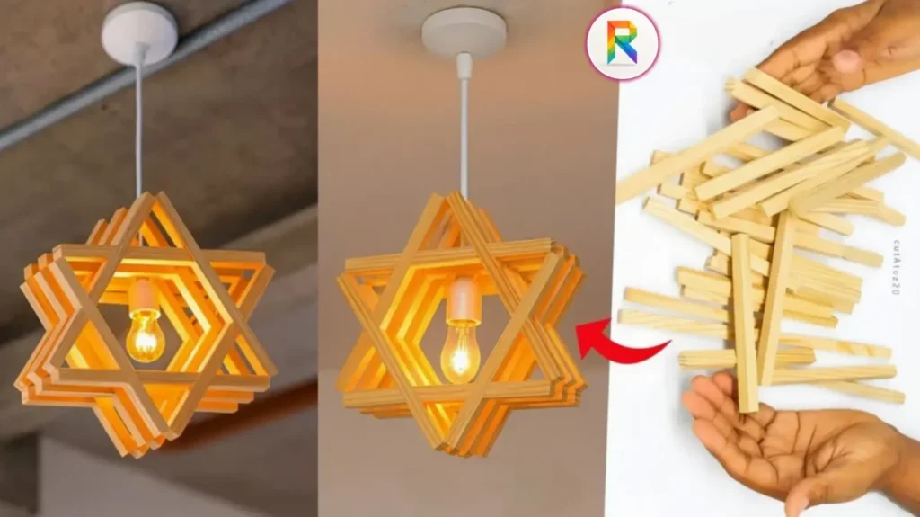 آموزش ساخت لوستر چوبی طرح ستاره، چراغ آویز مدرن با چوب بستنی، کاردستی خلاقانه با چوب برای دکوراسیون، ساخت شید لامپ چوبی هندسی، ایده ارزان برای روشنایی اتاق خواب، لوستر دست ساز روستیک.