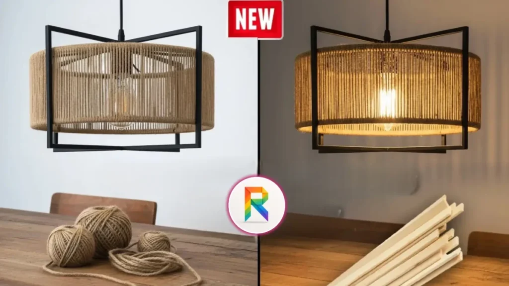 آموزش ساخت لوستر آویز کنفی با فریم چوب بامبو مشکی و نخ کنف، عکس مواد اولیه و لوستر روشن