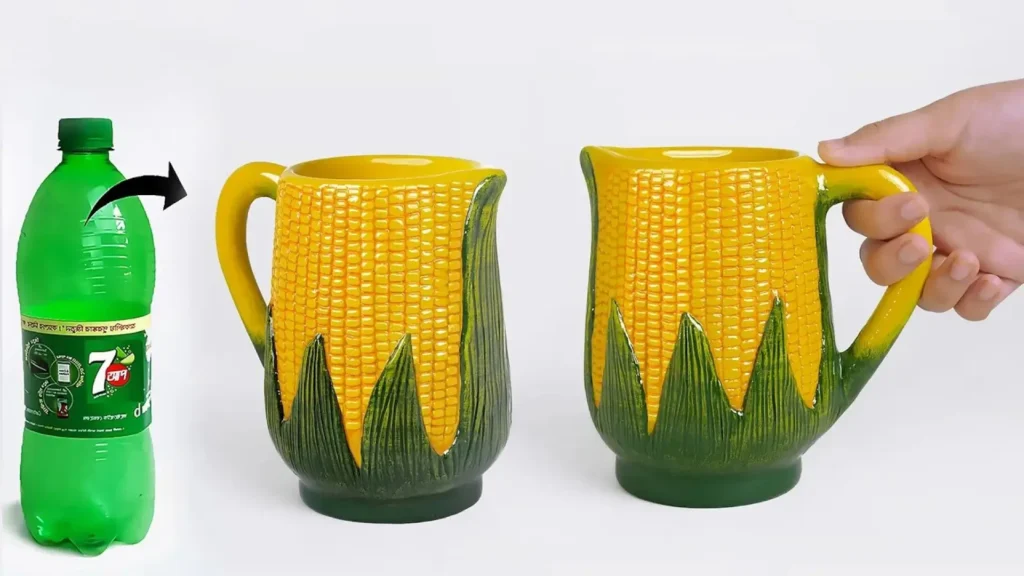 مراحل تبدیل یک بطری نوشابه پلاستیکی سبز به یک لیوان دسته‌دار زیبا با طرح بلال ذرت