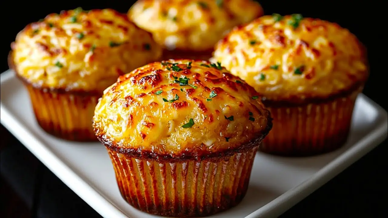 مافین تن ماهی و برنج با رویه پنیری طلایی، تزئینشده با جعفری تازه، سرو شده در ظرف سفید با پسزمینه تیره