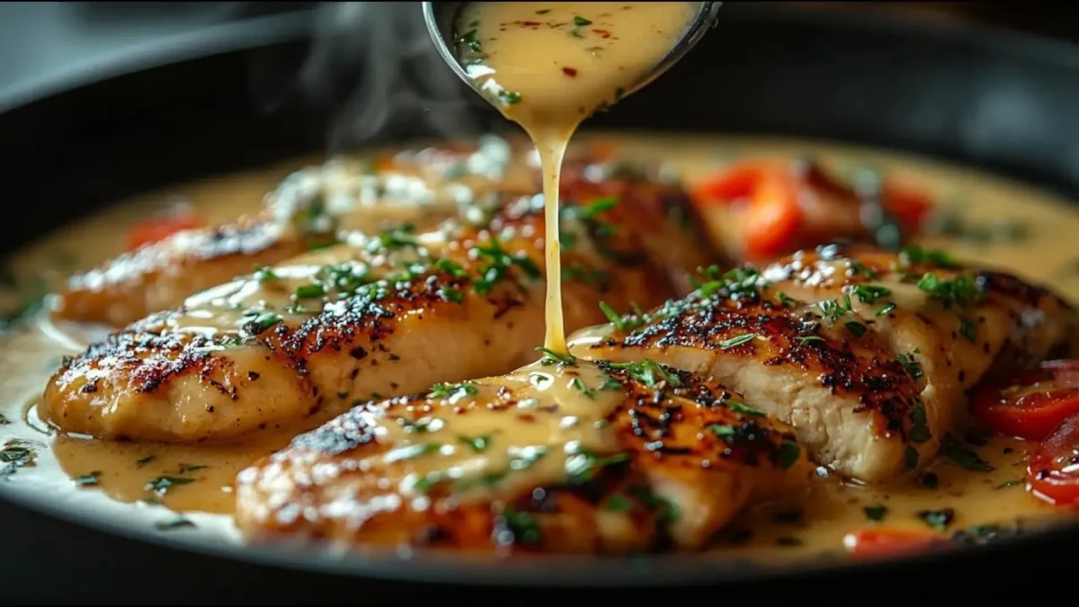 لحظه ریختن سس غلیظ خامهای و سیر روی سینه مرغ سرخ شده و طلایی در ماهیتابه چدنی