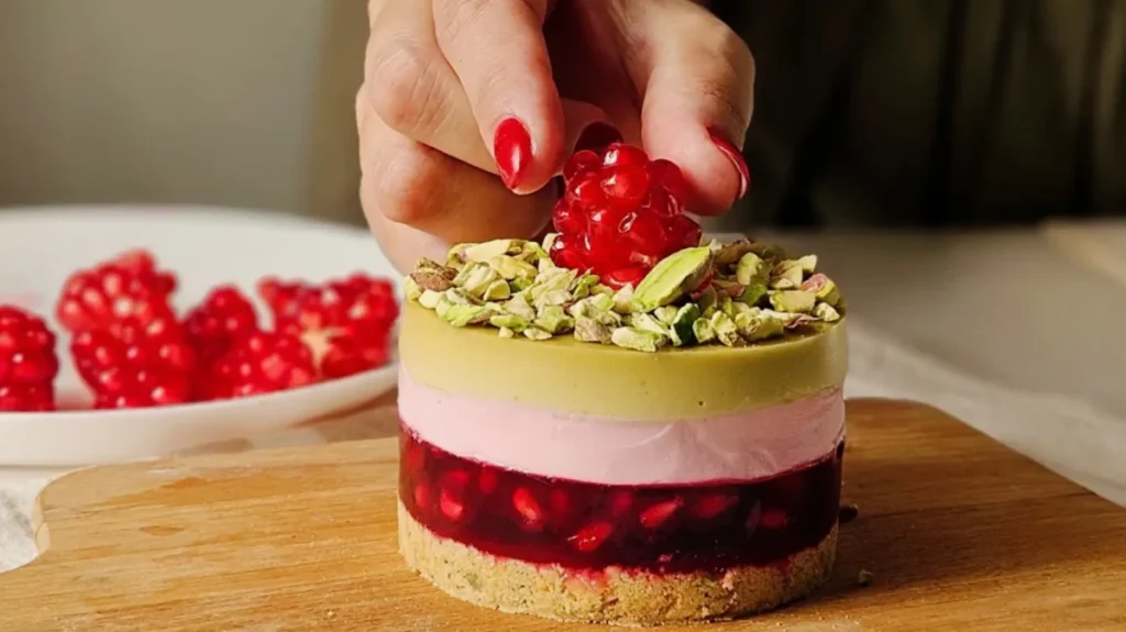 طرز تهیه موس کیک انار و پسته چهار لایه، دسر تک نفره مجلسی برای شب یلدا، مینی کیک یخچالی با لایه ژله انار و موس پسته سبز، تزیین دسر با پسته خرد شده و انار، برش دسر لایه‌ای رنگی.