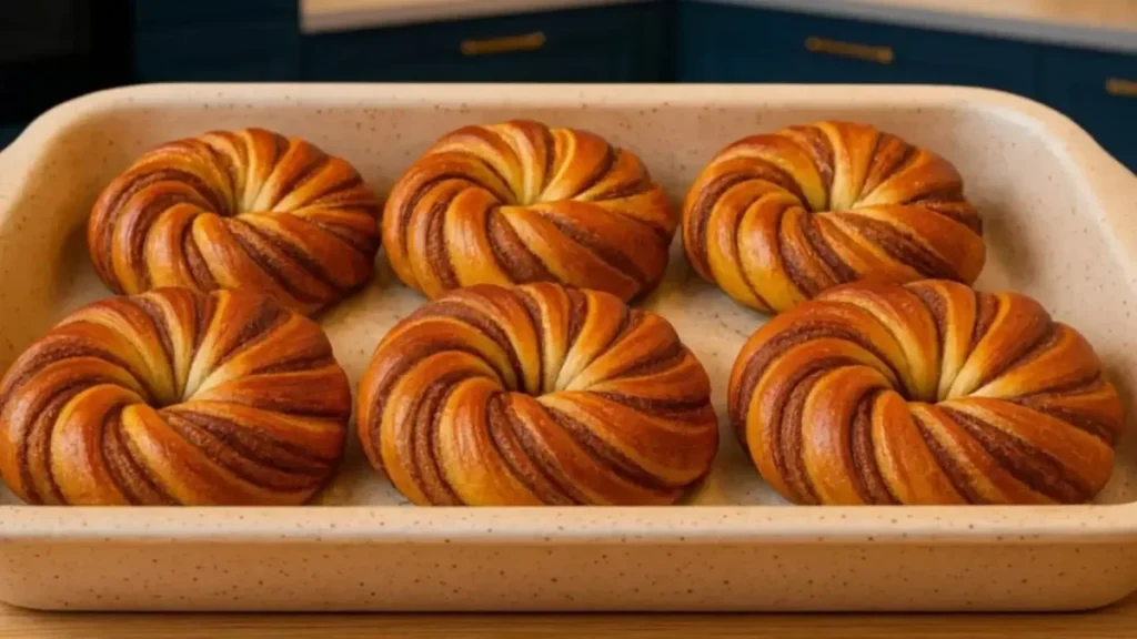 سینی شش عددی نان دارچینی خانگی با بافت پیچ‌دار و رنگ طلایی در ظرف سرامیکی کرم رنگ