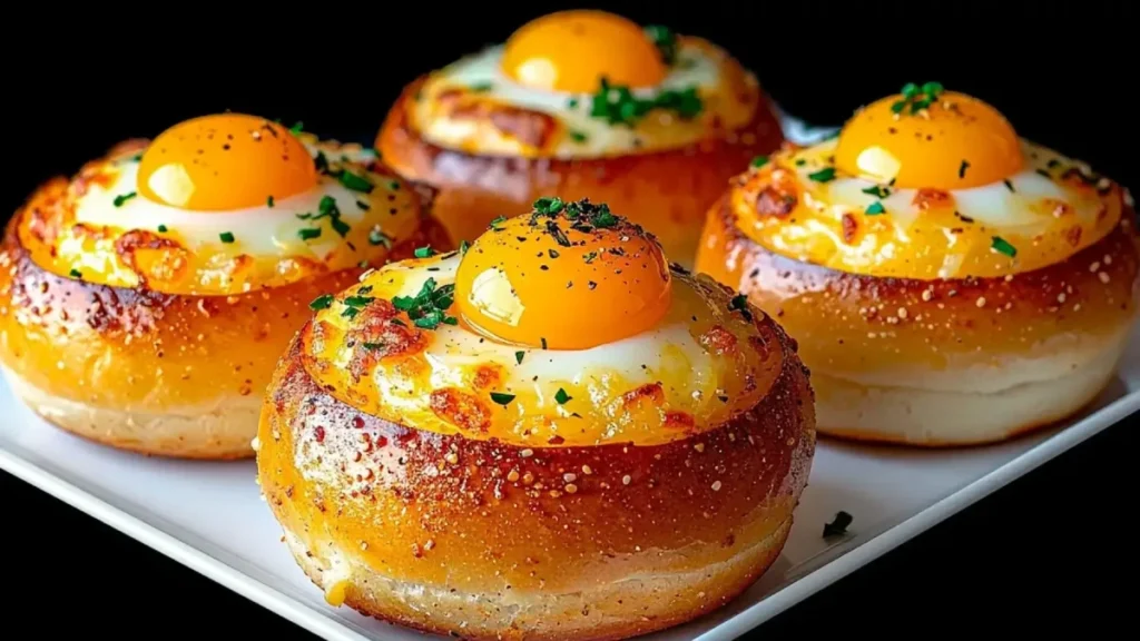 چهار عدد نان همبرگری شکم پر با تخم مرغ، قارچ و پنیر پیتزا که در بشقاب سفید سرو شده‌اند