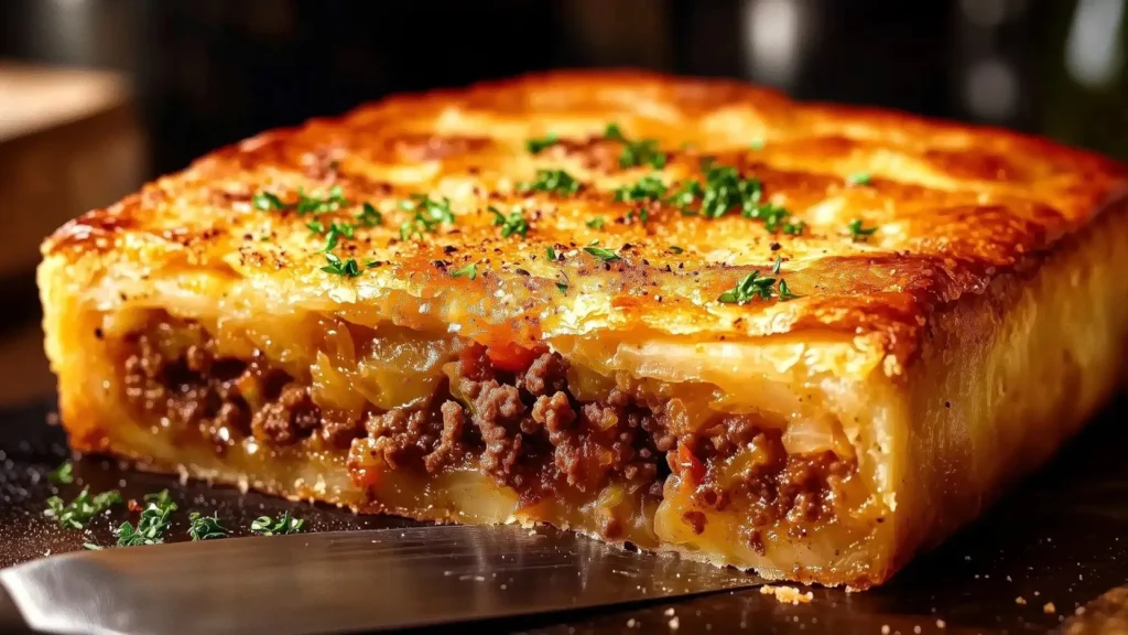 برش مربعی از پای گوشت و کلم با رویه طلایی و خمیر پوک و فیلینگ گوشت چرخ کرده و هویج