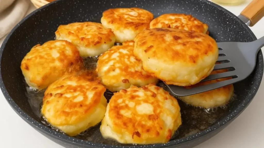 پنکیکهای پنیری طلایی و پفدار در حال سرخ شدن در تابه با کفیر و نشاسته ذرت