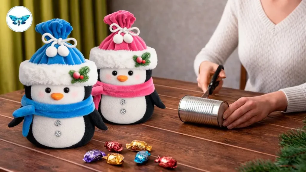 دو عروسک پنگوئن آبی و صورتی ساخته شده با قوطی فلزی و مراحل برش زدن قوطی برای ساخت پنگوئن با قوطی کنسرو.