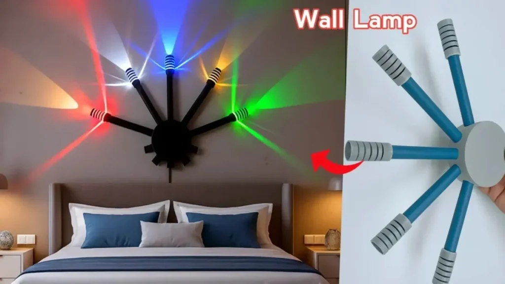 ساخت چراغ دیواری مدرن، کاردستی لامپ تزئینی اتاق خواب، نورپردازی رنگی دیوار، چراغ دیواری دست ساز با لوله پی وی سی، ایده دکوراسیون اتاق خواب، ساخت آباژور دیواری رنگارنگ، DIY wall lamp.