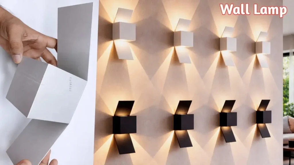 الگوی برش و تا زدن مقوا برای ساخت چراغ دیواری مدرن و نمایش نصب چراغ‌های مکعبی سفید و مشکی روی دیوار با نورپردازی دو طرفه.