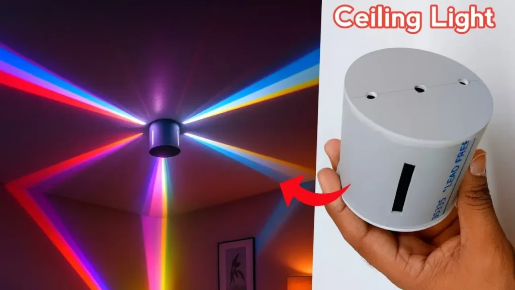 کلاژ مقایسه‌ای از مراحل و نتیجه ساخت چراغ سقفی؛ سمت راست لوله PVC برش‌خورده در دست و سمت چپ نورپردازی رنگارنگ و شعاعی روی سقف اتاق تاریک.