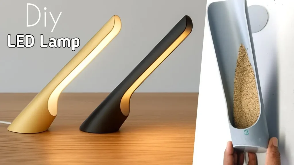 دو نمونه چراغ مطالعه مدرن طلایی و مشکی و مرحله پر کردن لوله با شن برای ساخت چراغ رومیزی با لوله پلیکا.