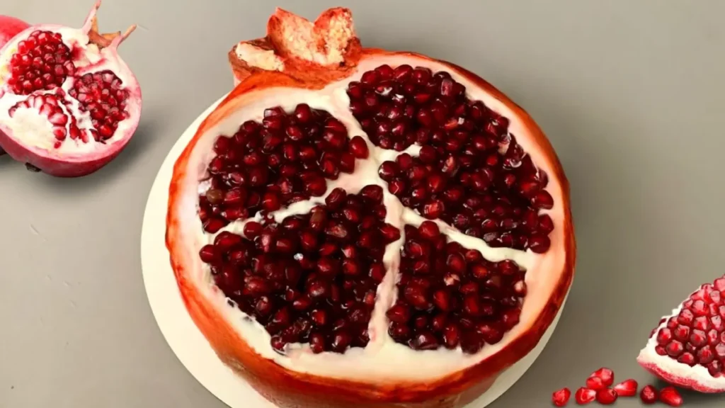 چیز کیک طرح انار طبیعی برش خورده، دسر خاص و مجلسی برای شب یلدا، کیک پنیری با تزیین دانههای انار و ژله، ایده خلاقانه تزیین کیک به شکل میوه انار.