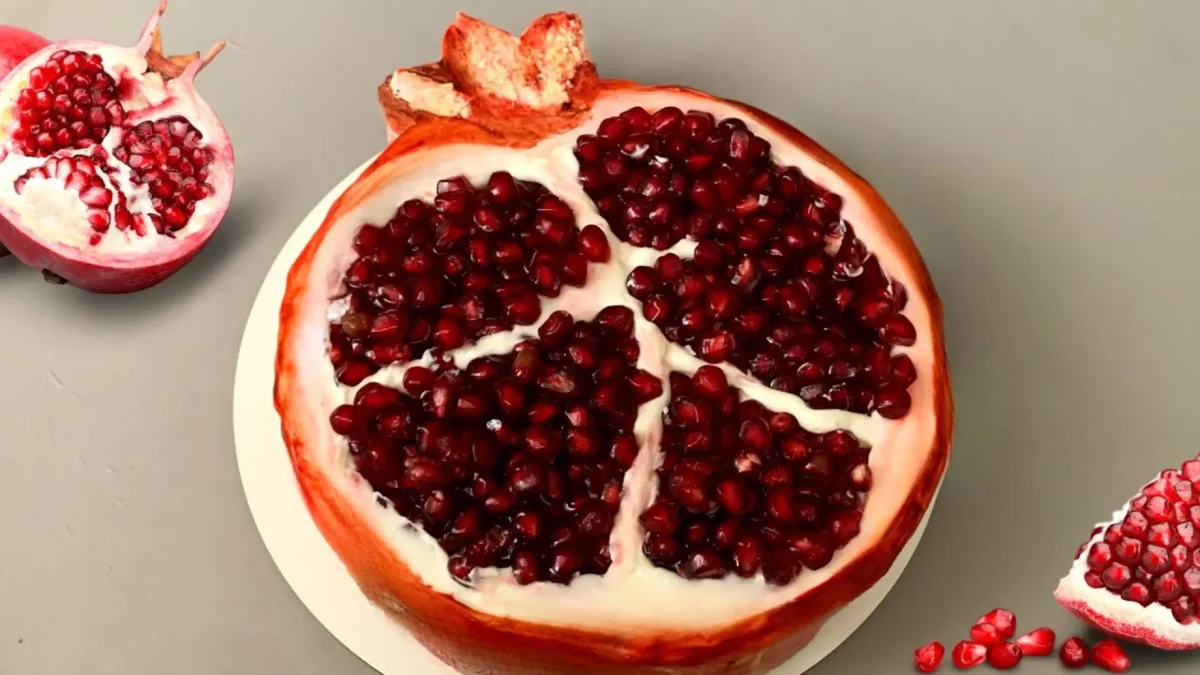 چیز کیک طرح انار طبیعی برش خورده، دسر خاص و مجلسی برای شب یلدا، کیک پنیری با تزیین دانههای انار و ژله، ایده خلاقانه تزیین کیک به شکل میوه انار.