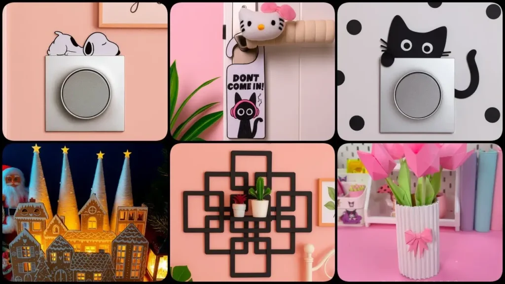 مجموعه ایده‌های دکوراسیون اتاق و کاردستی با مقوا و کاغذ شامل تزیین کلید برق، شلف دیواری و گل‌های کاغذی