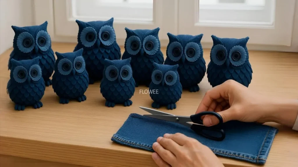 ساخت عروسک جغد با بازیافت شلوار جین قدیمی، چیدمان جغدهای پارچه‌ای آبی روی میز چوبی و برش پارچه با قیچی توسط هنرمند.