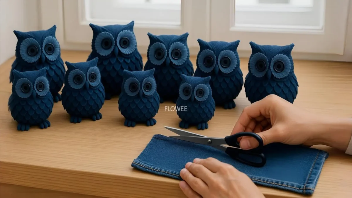 ساخت عروسک جغد با بازیافت شلوار جین قدیمی، چیدمان جغدهای پارچهای آبی روی میز چوبی و برش پارچه با قیچی توسط هنرمند.